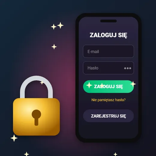 Konto w VinciSpin casino VinciSpin casino – telefon z oknem Zaloguj się, polami E-mail i Hasło oraz złota kłódka